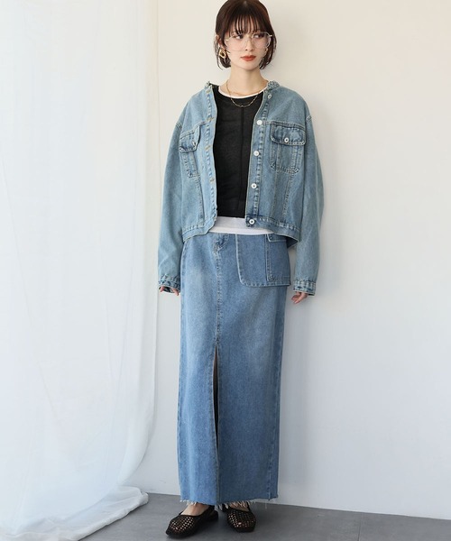 Ampirula デニムスカート サイドポケット付きスリットデニムロング