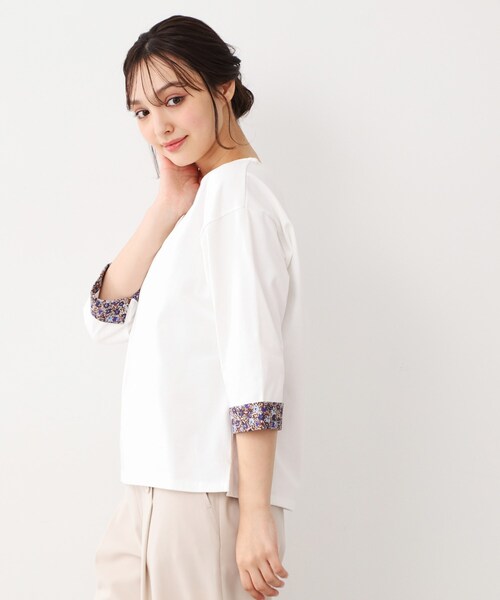 tシャツ 「洗える／コットン100％／同柄アイテムあり」アマイア ディッツィー柄袖見返しプルオーバー レディース