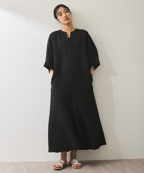 ☆美品☆ADAM ET ROPE' リネンボリュームスリーブワンピース黒フリー ADAM ET ROPE' ワンピース 「WEB限定」・「新色追加」リネン