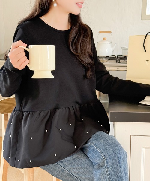 tシャツ パール付きペプラムカットソー レディース tシャツ パール付き ペプラムトップス レディース : ZOZOTOWN