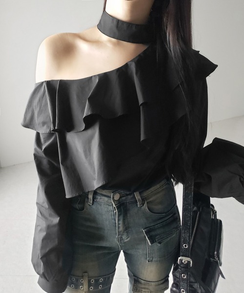 ブラウス シャツ 「 ２color 」チョーカーフリルワンショルダーブラウス ／  choker frill one shoulder blouse