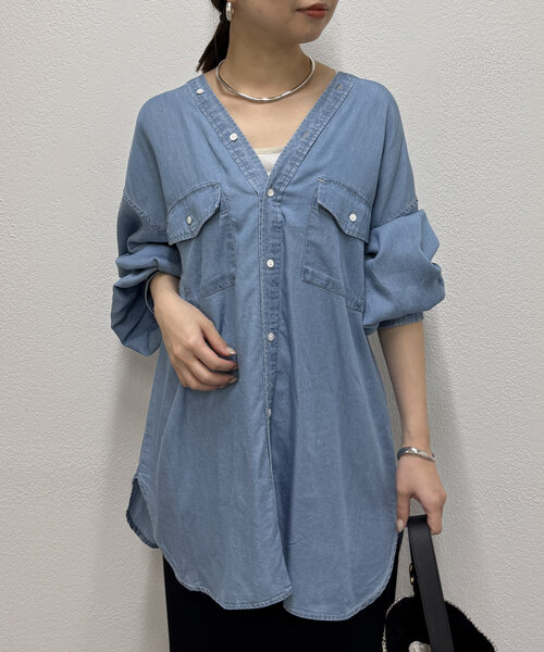 Loungedress ブラウス シャツ カラーレスデニムシャツ