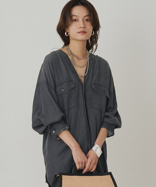 Loungdressデニムシャツ カラーレスデニムシャツ | LOUNGEDRESS(ラウンジドレス