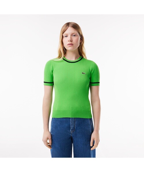 「LACOSTE」 半袖ニット 34 ホワイト レディース LACOSTE ホワイト×ネイビー ストライプ 半袖ニット 34 - メルカリ