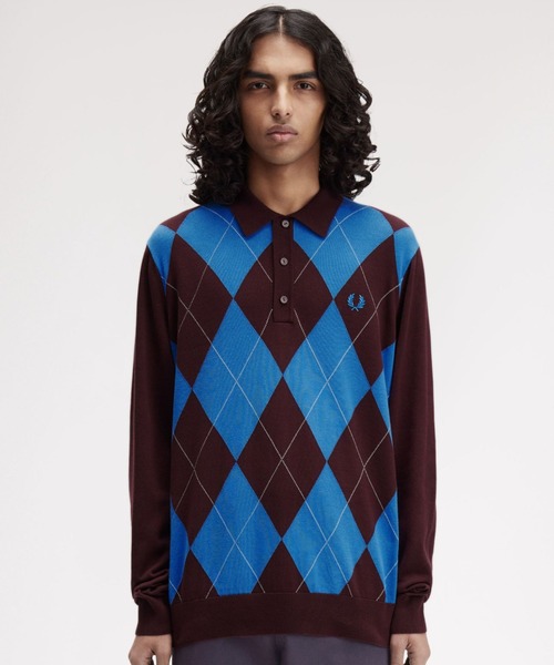【着用2回】FRED PERRY アイボリー リブ編み 長袖ニットポロシャツ FRED PERRY（フレッドペリー） ポロシャツ ポロ Rib Knitted Polo
