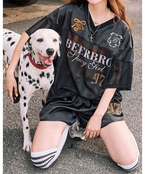 CHEER（チアー） tシャツ ロゴプリントストライプシアートップス