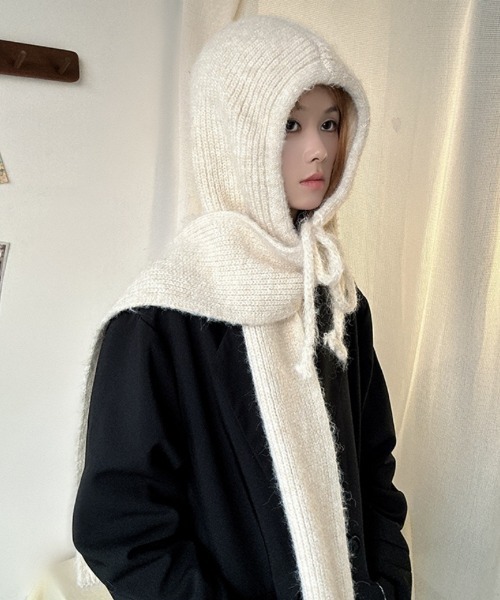 マフラー ストール ウール混 紐付き リブフードマフラー レディース