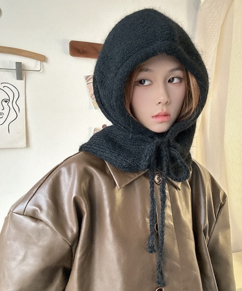 マフラー ストール ウール混 紐付き リブフードマフラー レディース