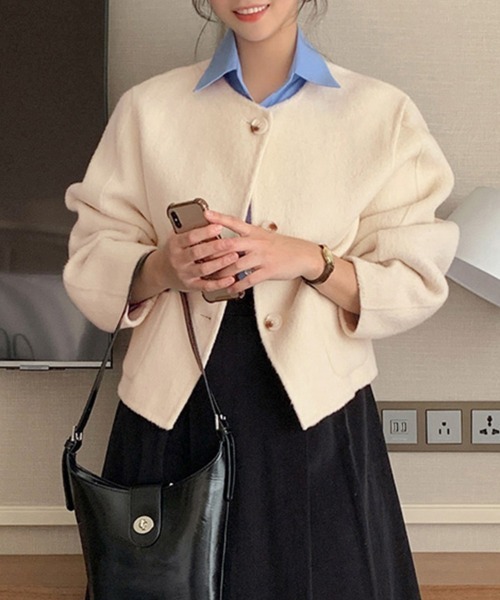 ジャケット ノーカラージャケット ラウンドカラー×ボタンフロント