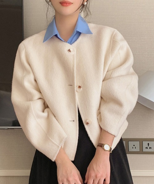 ジャケット ノーカラージャケット ラウンドカラー×ボタンフロント