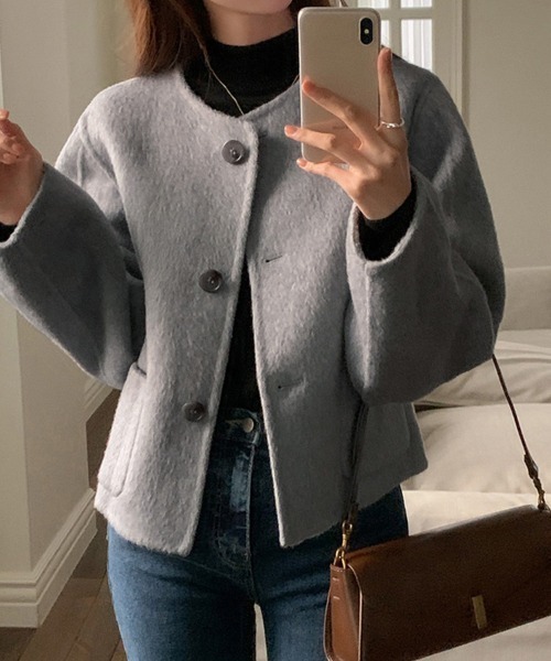 ジャケット ノーカラージャケット ラウンドカラー×ボタンフロント