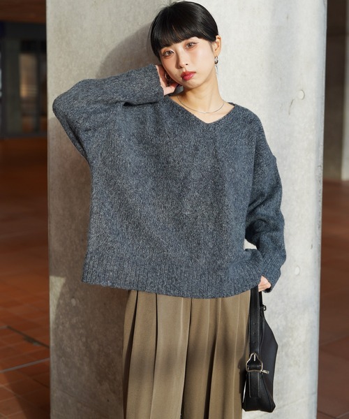 JapanMade屋　ラグジュアリーニット グレー　Mサイズ ニット セーター モヘヤライク カラフルMIXシャギーVネックニット