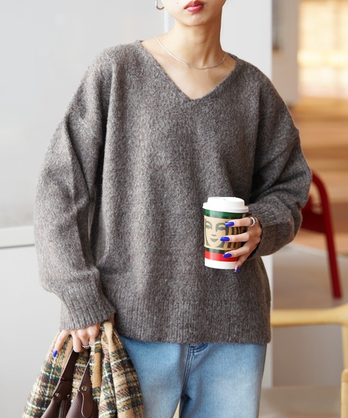 ニット セーター モヘヤライク カラフルMIXシャギーVネックニット
