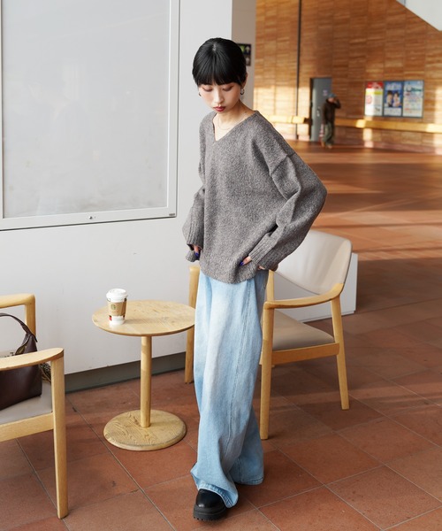 Vaquera ヴァケラ ニット セーター プルオーバー シースルー モヘア混 ニット セーター モヘヤライク カラフルMIXシャギーVネックニット