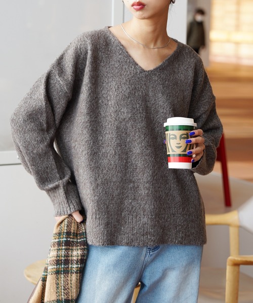 ニット セーター モヘヤライク カラフルMIXシャギーVネックニット