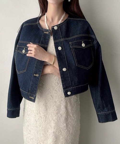 「Meiru」 デニムジャケット MEDIUM ネイビー レディース_画像2