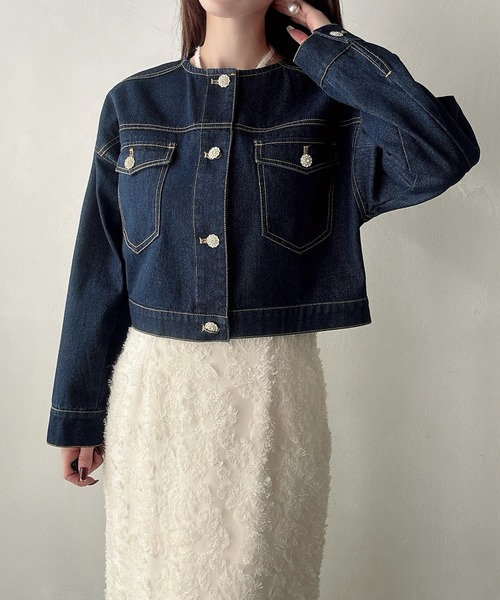 「Meiru」 デニムジャケット MEDIUM ネイビー レディース_画像4