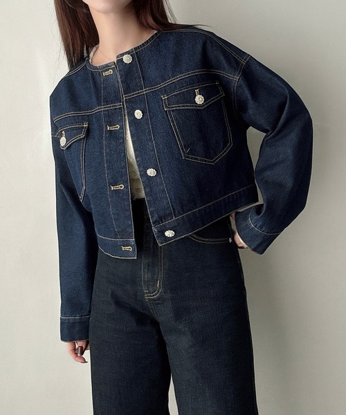 「Meiru」 デニムジャケット MEDIUM ネイビー レディース_画像7