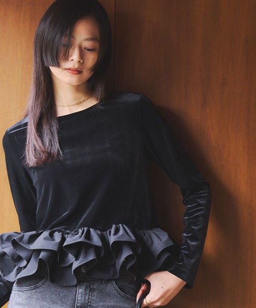 &. NOSTALGIA（ノスタルジア） tシャツ フリルヘムベロアTシャツ