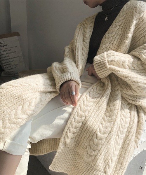 美品✨45R ケーブルニット　ウール　カーディガンコート　大きいサイズ　ベージュ カーディガン ケーブルニットロングカーディガン レディース