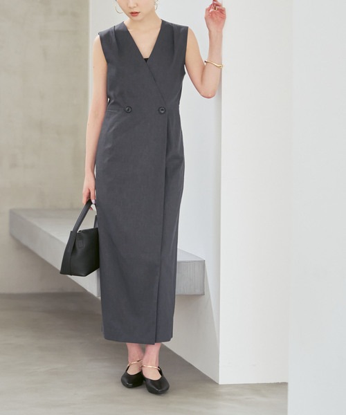 NOBLE（ノーブル） ワンピース 麻ストレッチロングジレワンピース