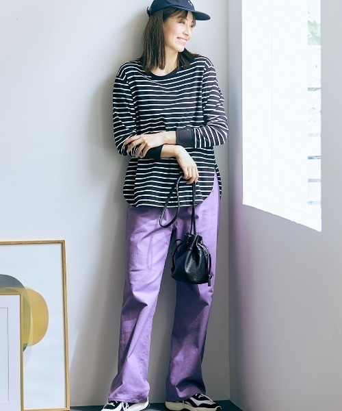 「slattgir」 長袖カットソー L ホワイト×グリーン レディース_画像5