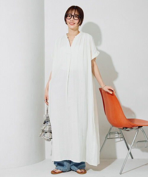 ワンピース 限定展開　インド ダブルガーゼ スキッパー フレンチスリーブ ワンピースの画像