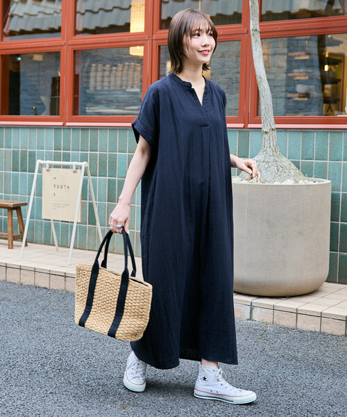 ワンピース 限定展開　インド ダブルガーゼ スキッパー フレンチスリーブ ワンピースの画像