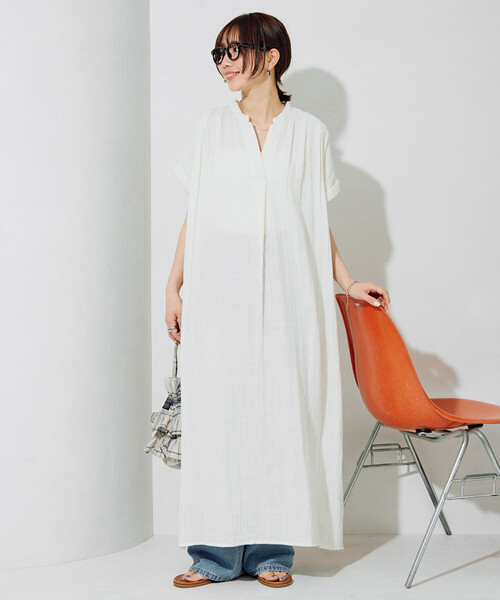 ワンピース 限定展開　インド ダブルガーゼ スキッパー フレンチスリーブ ワンピースの画像