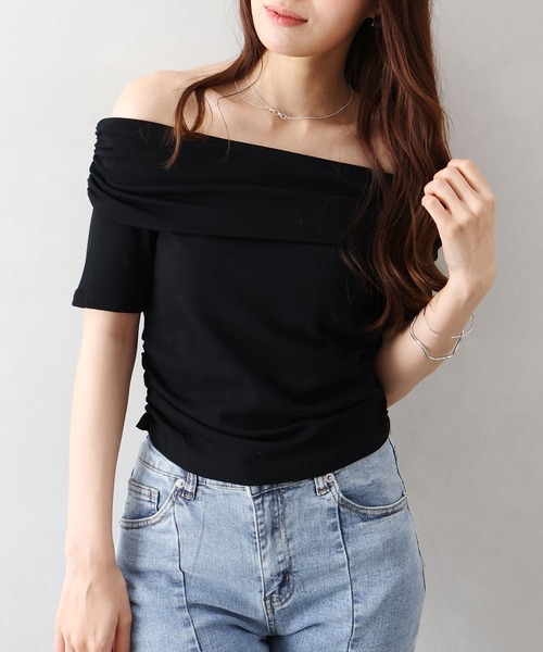 Gypsophila ブラック オフショルダー 半袖トップス SpRay（スプレイ） tシャツ 半袖 オフショルダー5分袖トップス