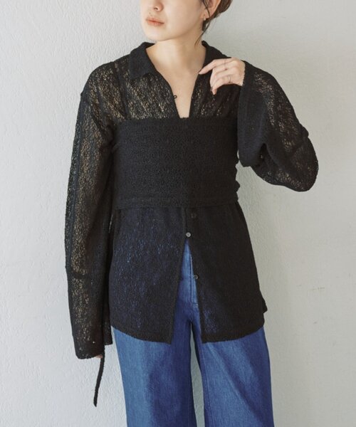 tシャツ 絡みレースシャツ×ビスチェSET レディースの画像