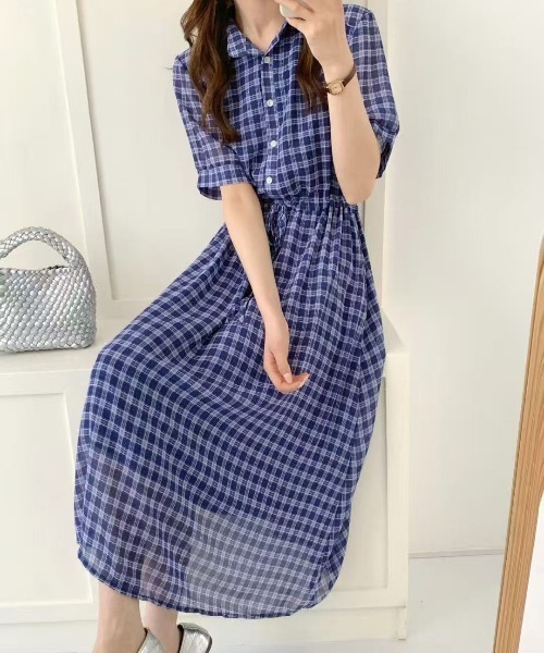 美品　ふりふ　ネコ柄　半袖　ロングワンピース FINEnough ワンピース オンブレチェック柄えり付き半袖ロング