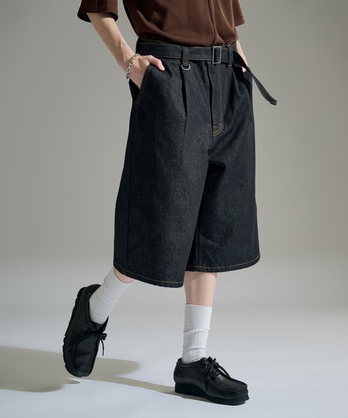machatt タックハーフデニムパンツ 36 ブラック 黒 WETTEMPT ワイドパンツ ハーフパンツ ジーンズ 短パン BELTED WIDE
