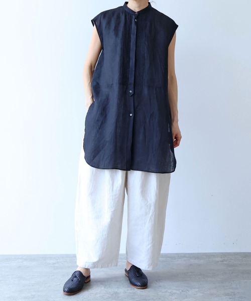 ブラウス シャツ 60/1Linen french sleeve long blouse レディースの画像