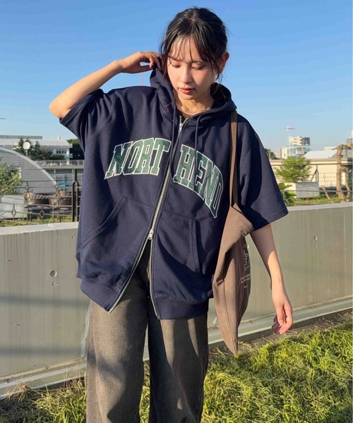 AS KNOW AS（アズノゥアズ） パーカー Wジップとロゴ5分袖パーカー