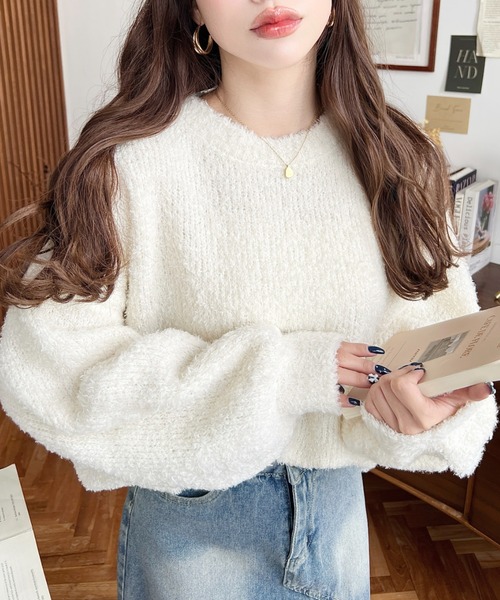 moment+ ニット セーター クルーネックソフトタッチフェザーニットプル