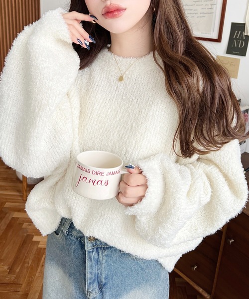 moment+ ニット セーター クルーネックソフトタッチフェザーニットプル