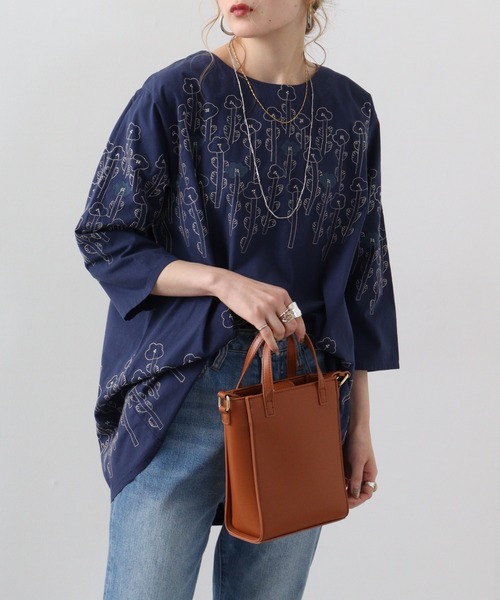 Emago ブラウス シャツ EMAGO 花ボーダー総柄刺繍チュニック