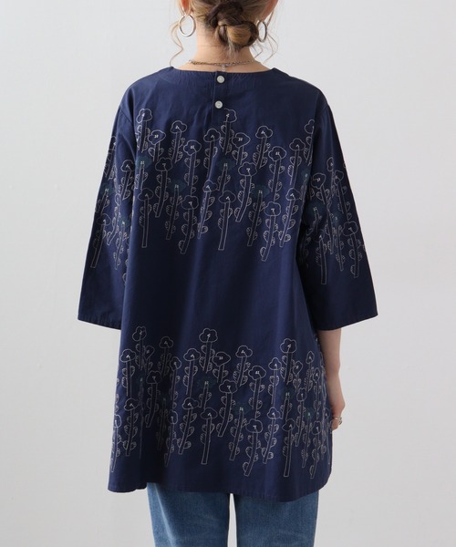 Emago ブラウス シャツ EMAGO 花ボーダー総柄刺繍チュニック