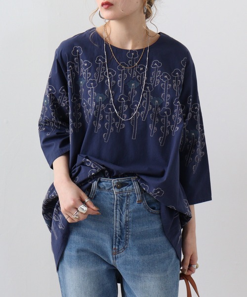 ブラウス シャツ EMAGO 花ボーダー総柄刺繍チュニック レディース Emago ブラウス シャツ EMAGO 花ボーダー総柄刺繍チュニック