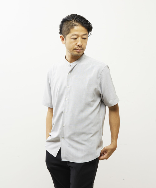 MEN'S MELROSE シャツ ポリエステルヘアライン半袖バンドカラーシャツ