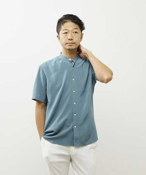 MEN'S MELROSE シャツ ポリエステルヘアライン半袖バンドカラーシャツ
