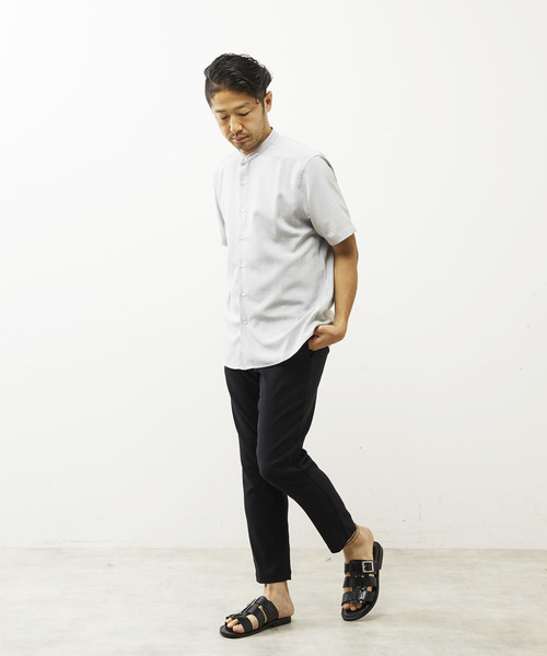 MEN'S MELROSE シャツ ポリエステルヘアライン半袖バンドカラーシャツ