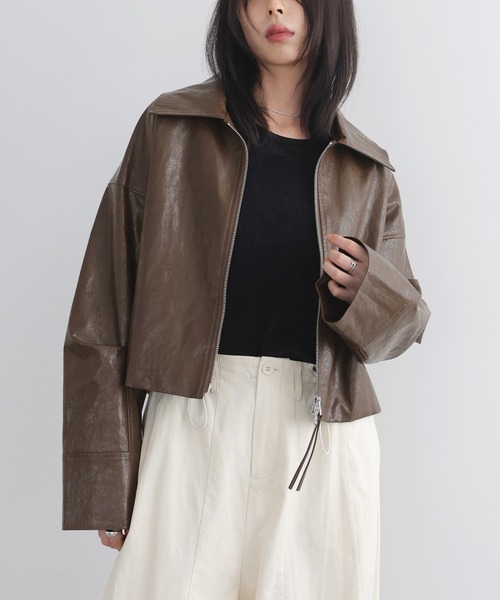 LIAN フェイクレザージャケット LIAN ブルゾン アウター フェイクレザーWZIPショートジャケット