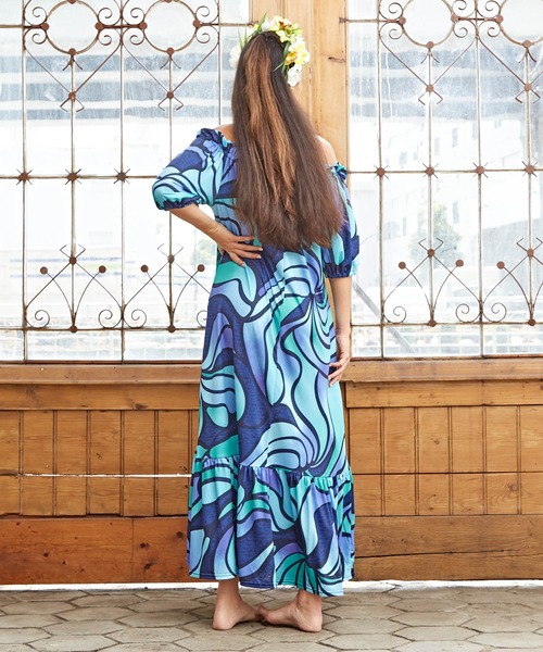 新品マウナロア　ネオンハイビボリュームスリーブドレスMオーシャンブルーバード Maunaloa（ファッション） ドレス 「Maunaloa」Ocean Blue Bird