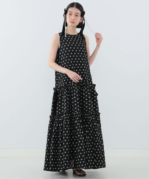 【美品】アナスイ ノースリーブ 総レースワンピース ベロアリボン 黒 USA製 美品】アナスイ ノースリーブ 総レースワンピース ベロアリボン
