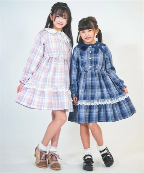 axes femme ワンピース うさぎ襟チェック柄ワンピース キッズ