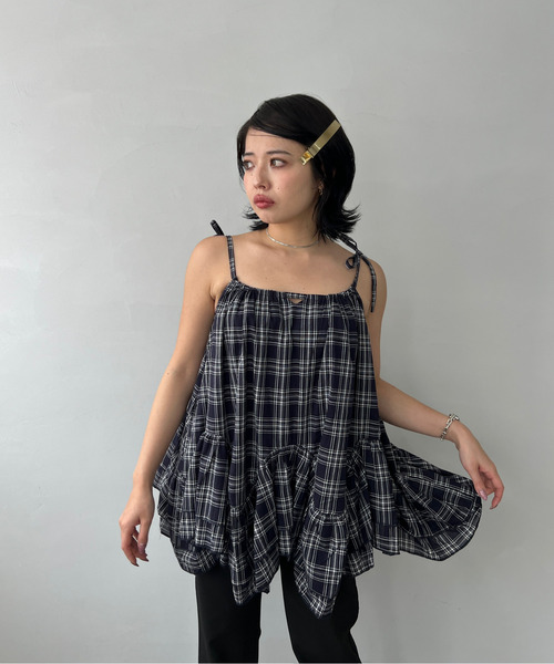 tシャツ Vネックリボン チェック柄 キャミソールトップス GH25s099「Girlyhalo」 レディース ホルターネック リボン柄 リブキャミソールトップス GH25s067