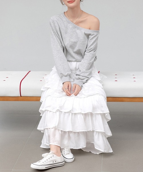 極美品 エムズグレイシー ティアードスカート フリル ホワイト 38 M 清楚 4INT. スカート 「MDおすすめ / 裏地あり」 ミディ丈 フリル