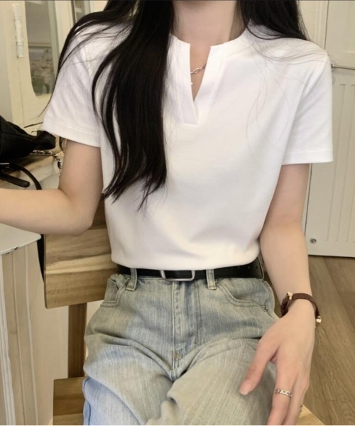 tシャツ ミニ V ネック ショートスリーブ トップス レディース
